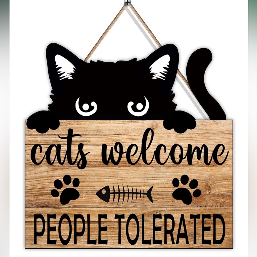 Cute Cat’s Welcome Sign, “Funny People Tolerated” with Kitty Foot Prints Plaque